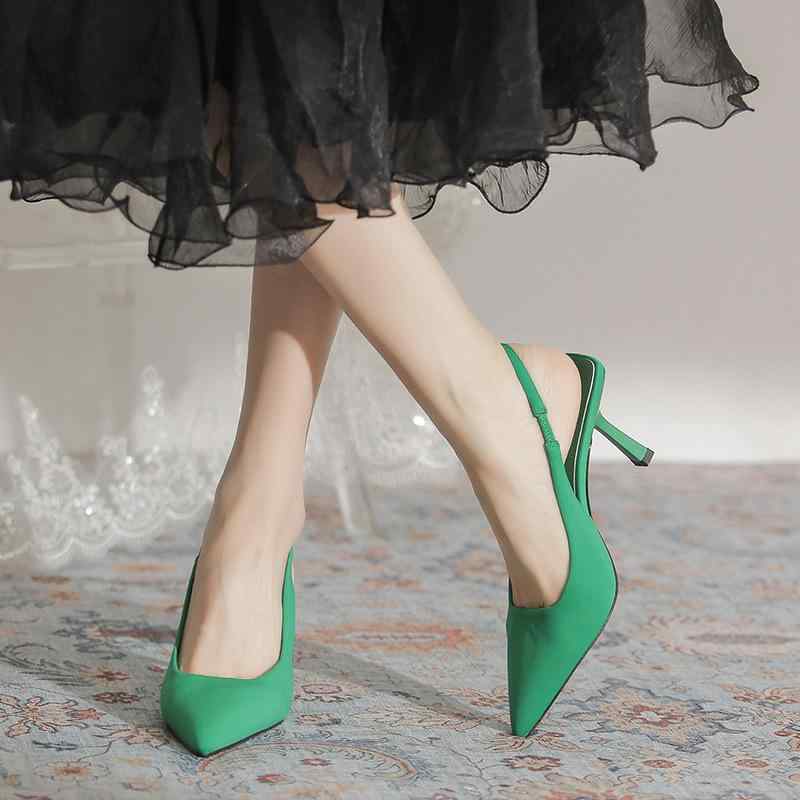 サンダル レディース 細ヒール ポインテッドトゥ サテン バックオープン スリングバック クローズドトゥ エレガント 大人 上品 マイクロファイバー 赤 緑 黒 紫 春夏