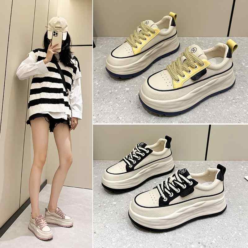 スニーカー レディース 厚底 インヒール シークレットヒール ホワイト ダッドスニーカー ソフトソール カジュアル 低身長 小柄 万能 ベーシック ローカット ラウンドトゥ レースアップ 紐靴 牛革 レザー コットン ポリウレタン 高ヒール(x2)