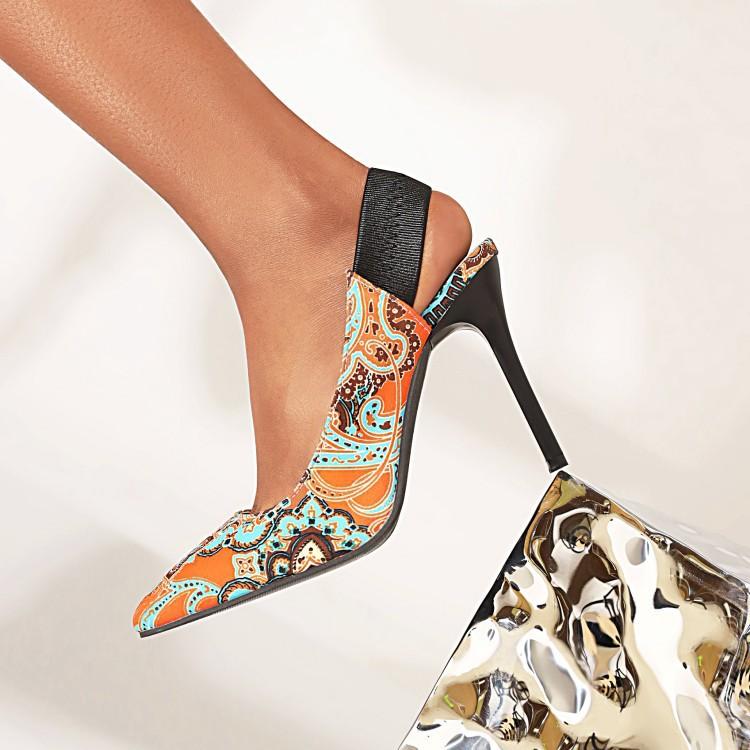 サンダル レディース PUレザー ポインテッドトゥ ハイヒール 細ヒール バックストラップ 切り替え マルチカラー 花柄 ブラック ベージュ ライトブルー オレンジ 春夏 オフィス 通勤 カジュアル