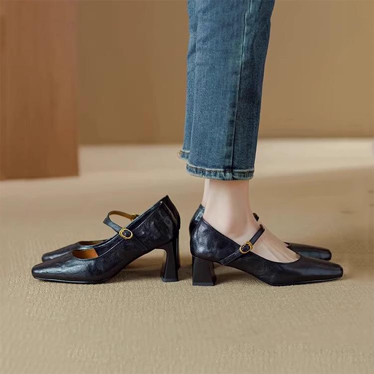 メリージェーンシューズ レディース ソフトレザー ブラック フレンチレトロ チャンキーヒール スクエアトゥ ストラップ ハイヒール 羊革インソール 普段使い