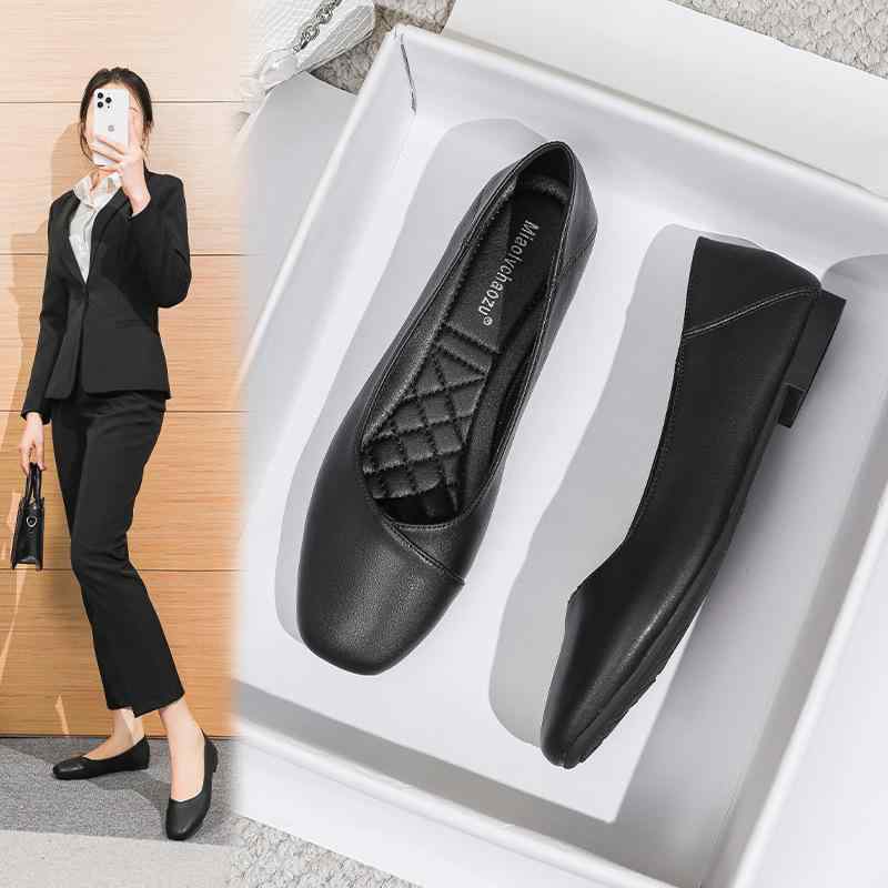フラットシューズ レディース オフィス ビジネス 通勤 スクエアトゥ 合成皮革 ソフトレザー やわらか 浅履き 立ち仕事 疲れにくい クッションソール ブラック 普段使い