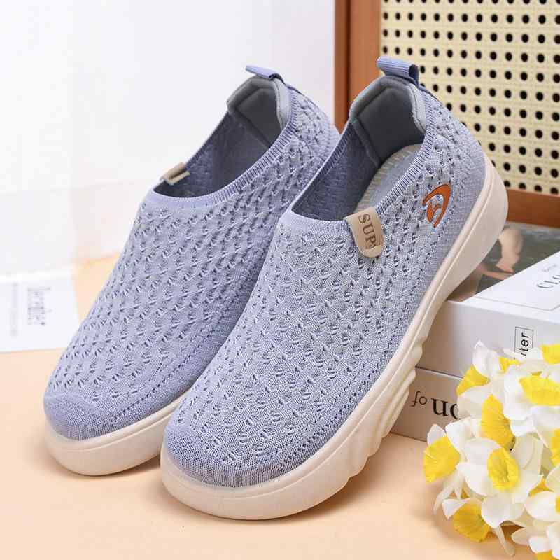 シューズ レディース ママシューズ フライニット メッシュ 通気性 快適 軽量 スリッポン スニーカー フラットシューズ 普段使い カジュアル アイボリー ブラック パープル