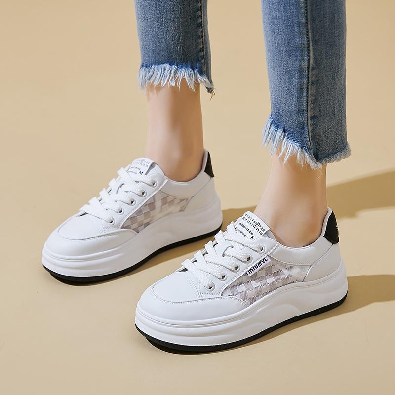 スニーカー レディース 女性用 カジュアルシューズ 普段使い 厚底 身長アップ シークレットヒール 快適 通気性 牛革 レースアップ ローカット ラウンドトゥ ホワイト 白