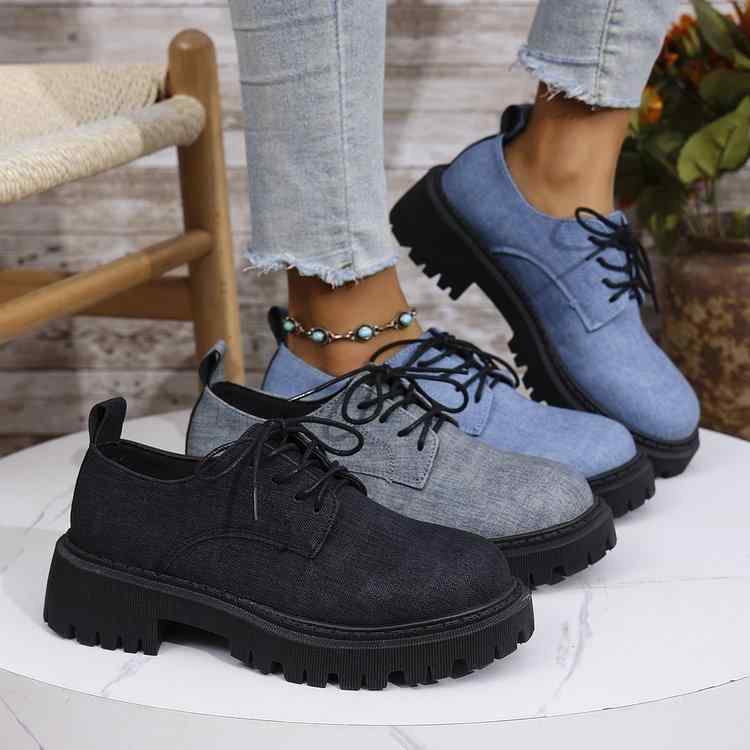 ローファー レディース 厚底 プラットフォーム 太ヒール チャンキーヒール レースアップ ラウンドトゥ ブリティッシュスタイル デニム 合成皮革 快適 カジュアル 普段使い 春秋