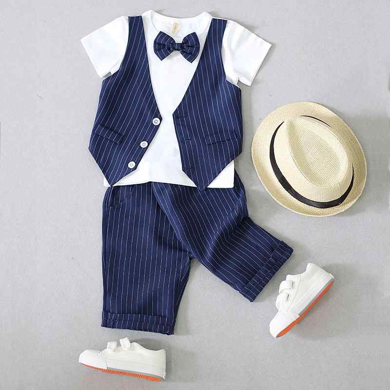 セットアップ 男の子 春夏秋 韓国風 半袖スウェット フェイクベスト風 ショートパンツ ストライプ柄 綿混 ソフトタッチ 2点セット 普段着 カジュアル