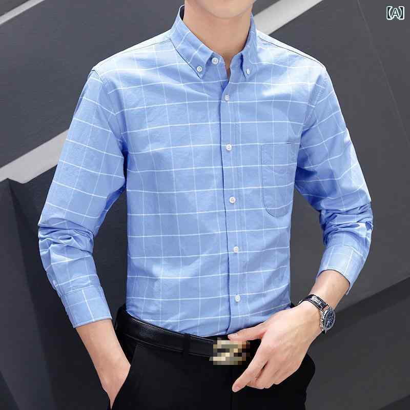シャツ メンズ 長袖 チェック柄 オックスフォード生地 レギュラーカラー ビジネス 軽ビジネス スリムフィット コットン 春秋 爽やか 胸ポケット付き ノーアイロン