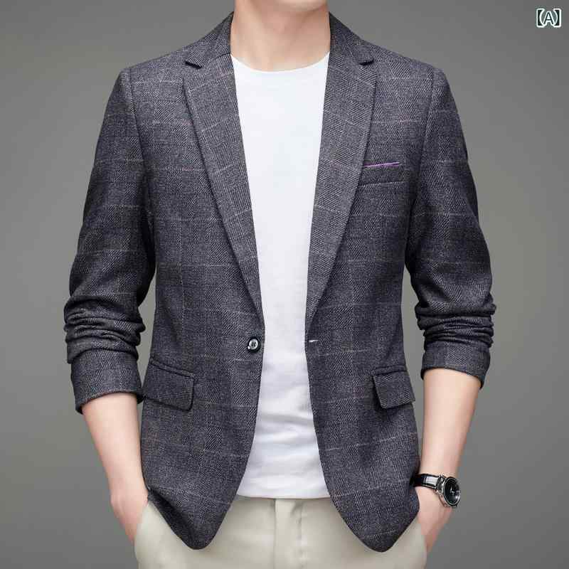 テーラードジャケット メンズ ビジネスカジュアル チェック柄 1つボタン スリムフィット ポリエステル混紡 通気性 軽量 シワ防止 春秋 ダークグレー ネイビー
