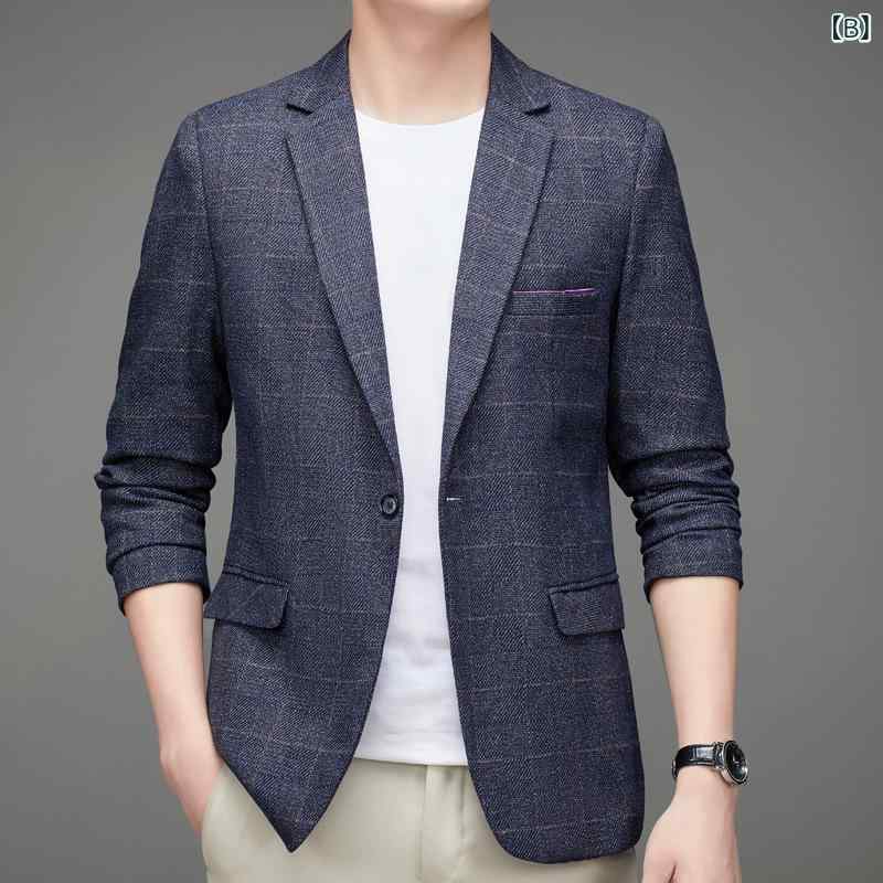 テーラードジャケット メンズ ビジネスカジュアル チェック柄 1つボタン スリムフィット ポリエステル混紡 通気性 軽量 シワ防止 春秋 ダークグレー ネイビー