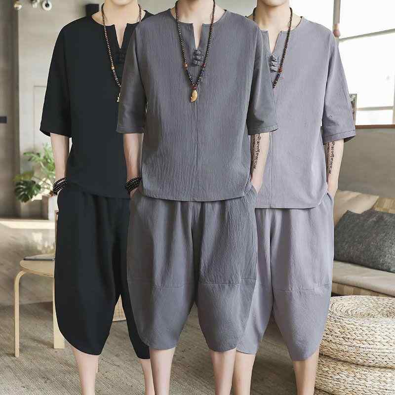 セットアップ メンズ 男性用 レトロ 中国風 チャイナ風 カジュアル 半袖 ショートスリーブ Tシャツ ショートパンツ ツーピース ゆったり オーバーサイズ 麻混 綿混 春夏 普段使い