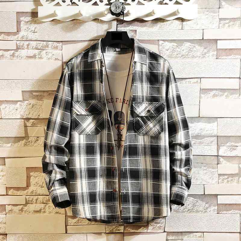 シャツ メンズ 長袖 ダブルポケット 襟付き チェック柄 ルーズフィット ビッグシルエット カジュアル 普段使い デイリー 綿 秋 韓国ファッション トップス 青 黒