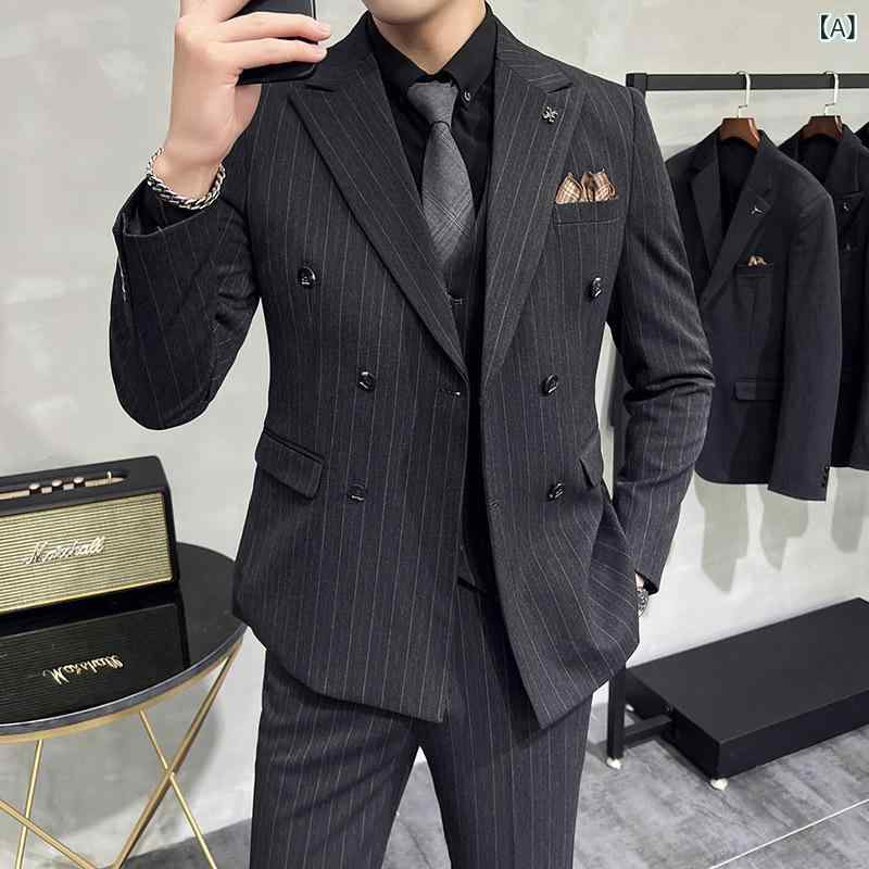 スーツ メンズ 高品質 軽ビジネス ダブルボタン スリーピース セットアップ スリムフィット ビジネス 通勤 オフィス フォーマル 春秋 化繊混紡 レーヨン グレー ブラック ブラウン