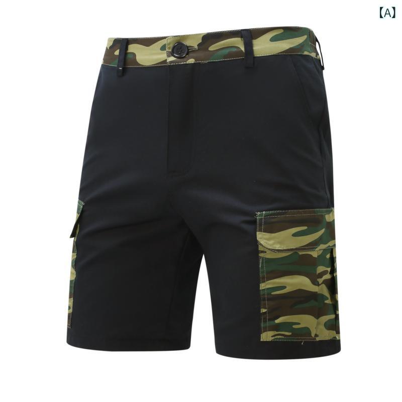 ハーフパンツ メンズ 男性用 夏物 レトロ 日系 迷彩柄 アウトドア ストリート ワークテイスト ルーズフィット ゆったりシルエット ビーチ カジュアル ポリエステル素材 速乾性 ブラック グリーン