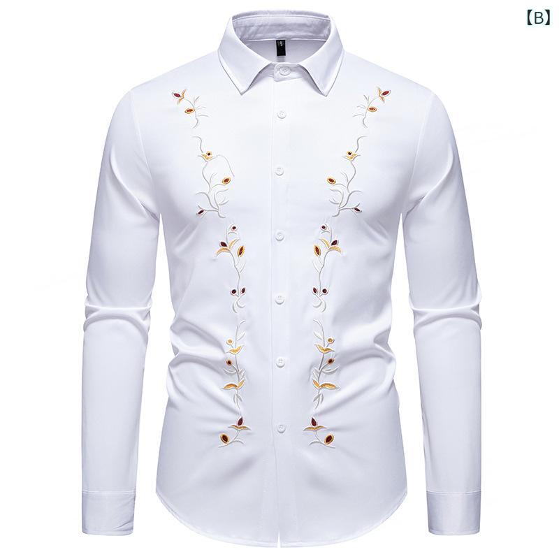 シャツ メンズ 長袖 花柄刺繍 切り替えデザイン カジュアル リラックスフィット ビッグシルエット ポリエステル製 レギュラーカラー 黒 白 普段使い タウンユース