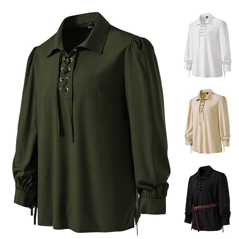 シャツ メンズ 男性用 春秋 長袖 襟付き プルオーバー 紐付き 無地 カジュアル ルーズフィット リネン素材 伸縮性 大きいサイズ パーティー フォーマル 普段使い トップス