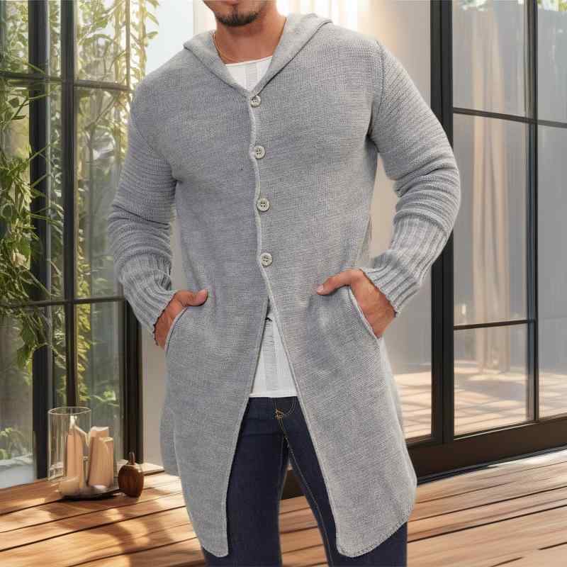 カーディガン メンズ フード付き ニット ミドル丈 ポケット付き ストレートシルエット 秋冬 アウター カジュアル タウンユース グレー アクリル ポリエステル 洗濯機対応