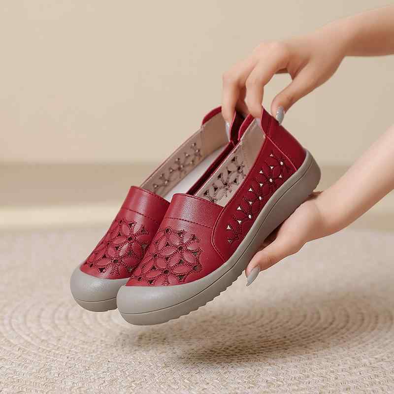 レディース ママ ナースシューズ 刺繡 花柄 レーザー透かし彫り つま先保護 スリッポン フラットソール..