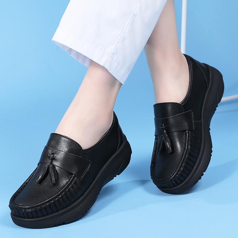 シューズ レディース ナースシューズ 厚底 本革 ソフトレザー 滑り止め フリンジ タッセル 通気性 クッション性 ラウンドトゥ ブラック ホワイト お仕事用 ワークシューズ 普段使い(x2)(4)