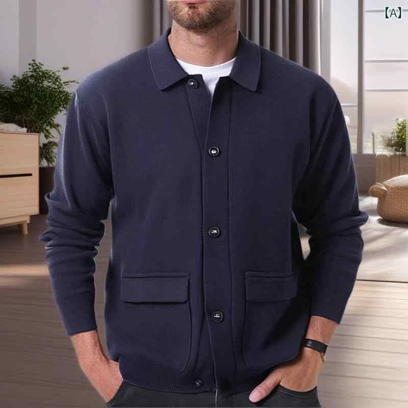 ニット メンズ カーディガン ジャケット アウター 高密度 立体ポケット 襟付き テーラードカラー スリムフィット ポリエステル混紡 カジュアル 普段使い 春秋 ネイビー