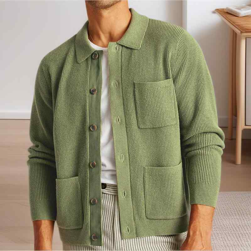 カーディガン メンズ シャツ襟 長袖 スリムフィット 高密度ニット セーター ポリエステル ウォッシャブル 春秋 カジュアル 普段使い 緑 カーキ