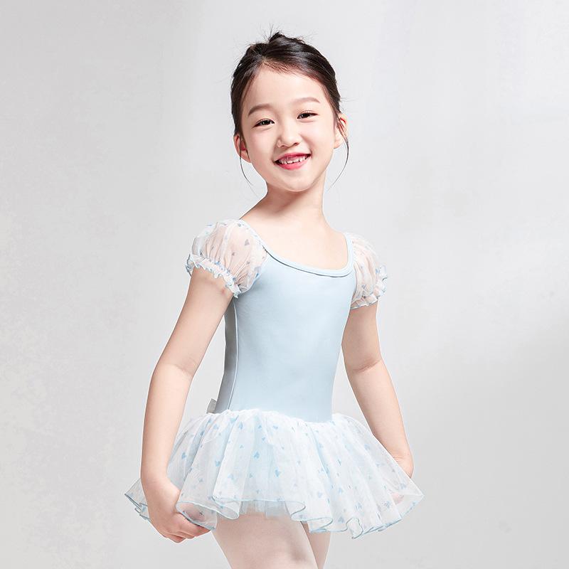 ダンスウェア 女の子 キッズ バレエ レオタード 半袖 パフスリーブ チュールスカート一体型 ナイロン ライトピンク ライトブルー 発表会 練習着 プリンセス風 春夏