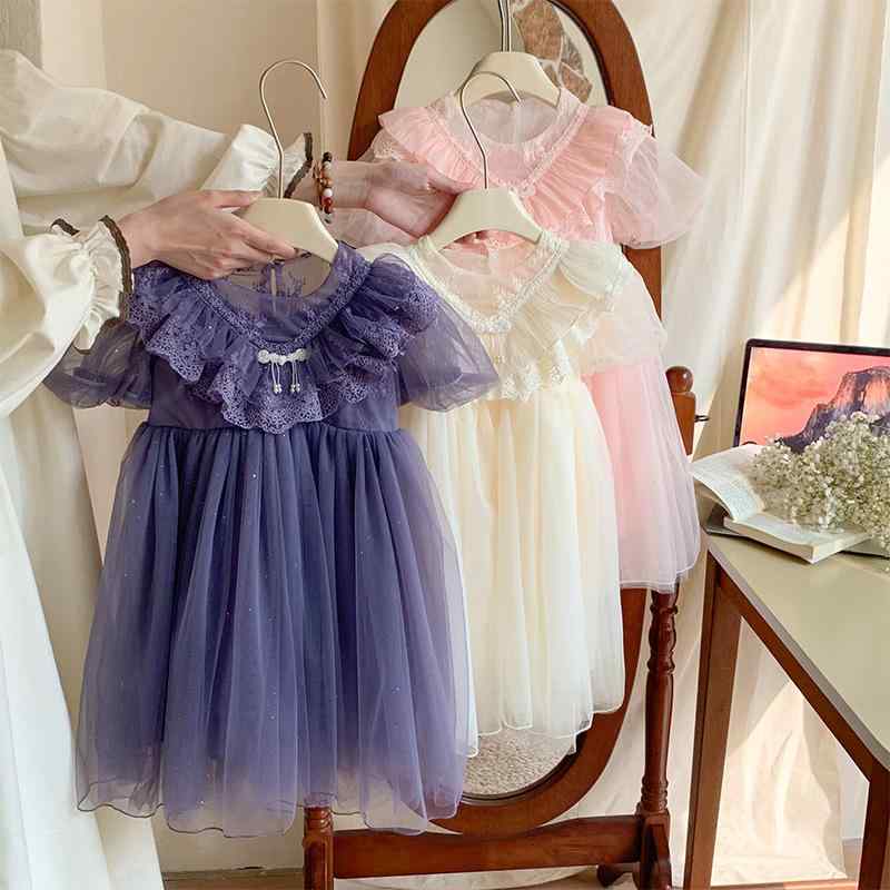 ワンピース キッズ 女の子 韓国子供服 新中華風 チャイナボタン レース 花柄 パフスリーブ メッシュ チュール Aライン 春夏 プリンセスドレス パープル ピンク アイボリー