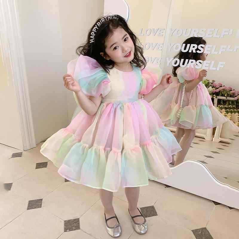 ワンピース ガールズ キッズ 女の子 夢かわ カラフル チュール プリンセスドレス ふんわり パフスリーブ バックリボン フレア 夏物 かわいい フォーマル