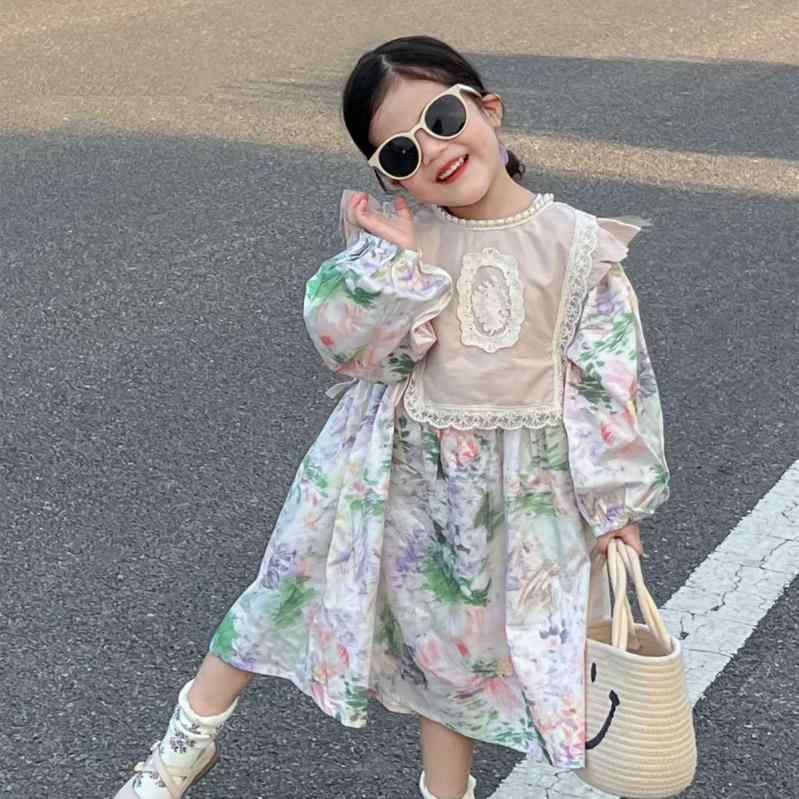 ワンピース 女の子 韓国風 上品 宮廷風 レース フリル袖 パフスリーブ 小花柄 プリンセスライン 長袖 ..