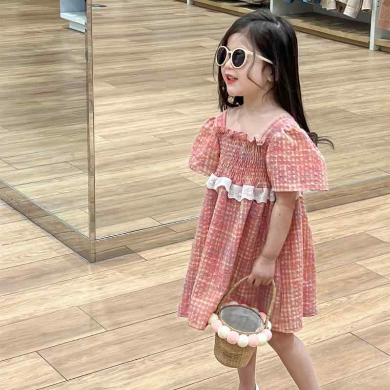 ワンピース 女の子 ガールズ 春夏 プリンセス フリル シャーリング 半袖 ピンク サッカー生地 チェック柄 綿 かわいい スイート ドレス お出かけ