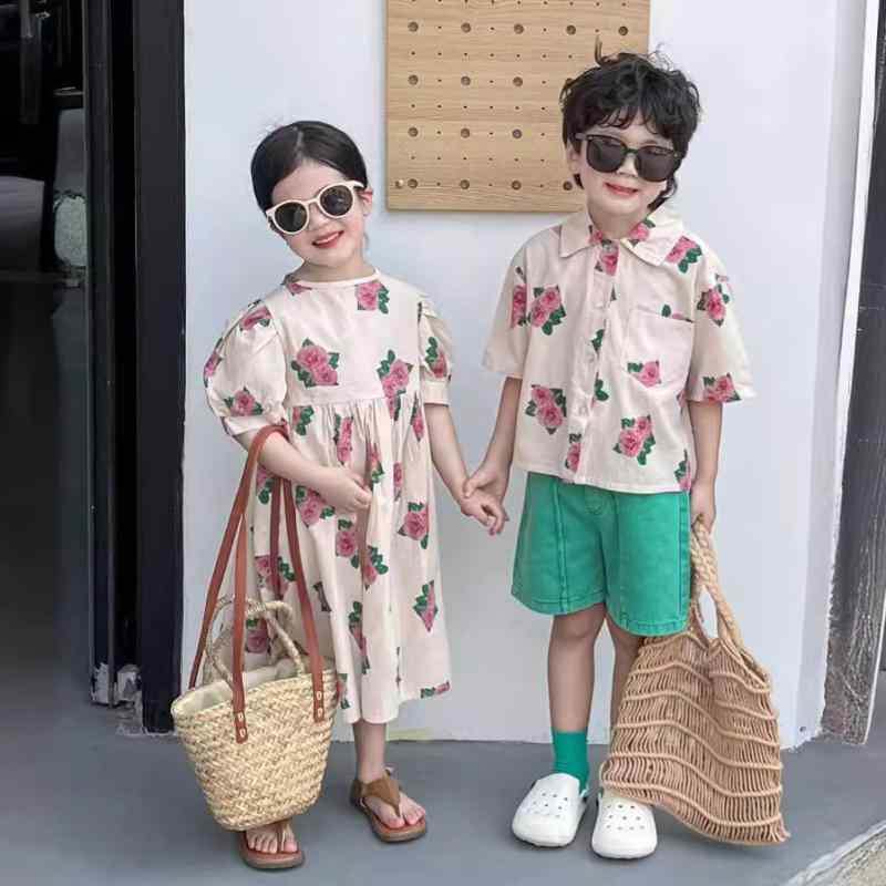 ワンピース 女の子 韓国風 サマー 半袖 パフスリーブ バラ 大花柄 フレンチ リゾート フレアスカート コットン 綿 かわいい