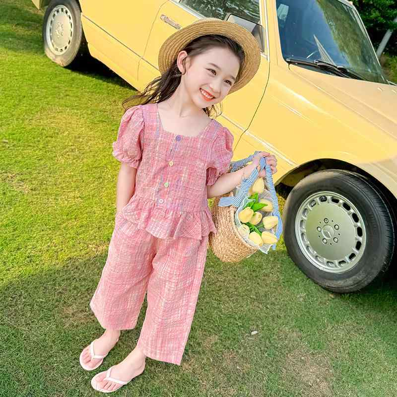 セットアップ キッズ 女の子 夏服 韓国風 かわいい ピンク パフスリーブ 半袖 スクエアネック ストライプ柄 シフォン素材 カラフルボタン ワイドパンツ ロングパンツ 薄手 お出かけ カジュアル ツーピース