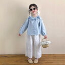 セットアップ 女の子 キッズ 韓国風 春秋 ブルー 立体花柄 長袖 シャツ ジャガード ワイドパンツ 綿 コットン 薄手 上下セット 普段使い 通学