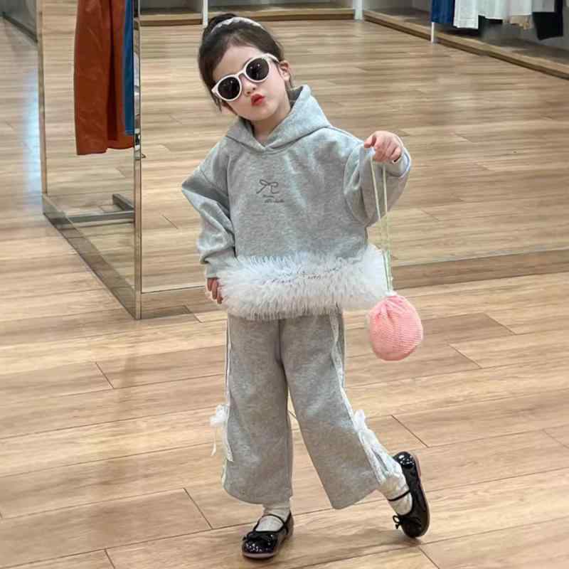 キッズ 女の子 セットアップ フード付き スウェット パーカー 長袖 ふんわり チュール裾 フレアパンツ 上下セット リボン フリル グレー コットン カジュアル 春秋