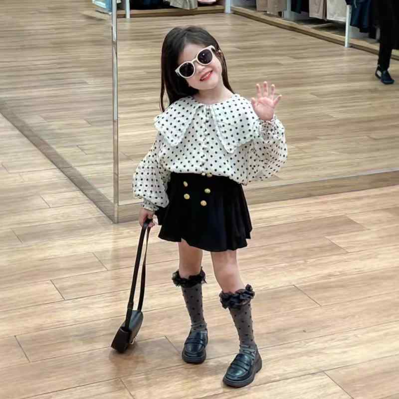 ブラウス 女の子 春秋 韓国風 レトロ ダブルボタン ビッグカラー フリル フロッキードット ウエストマ..