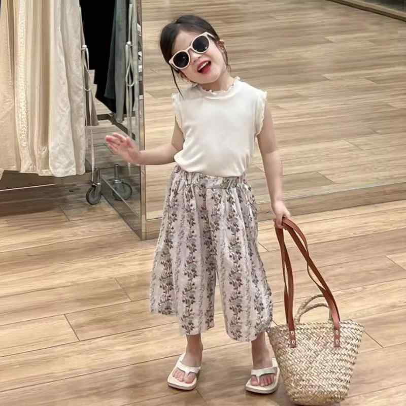 キッズ 女の子 ノースリーブ ベスト シンプル フリル 小花柄 花柄 ワイドパンツ ガウチョパンツ 七分丈 虫よけ 夏 綿 コットン カジュアル ゆったり