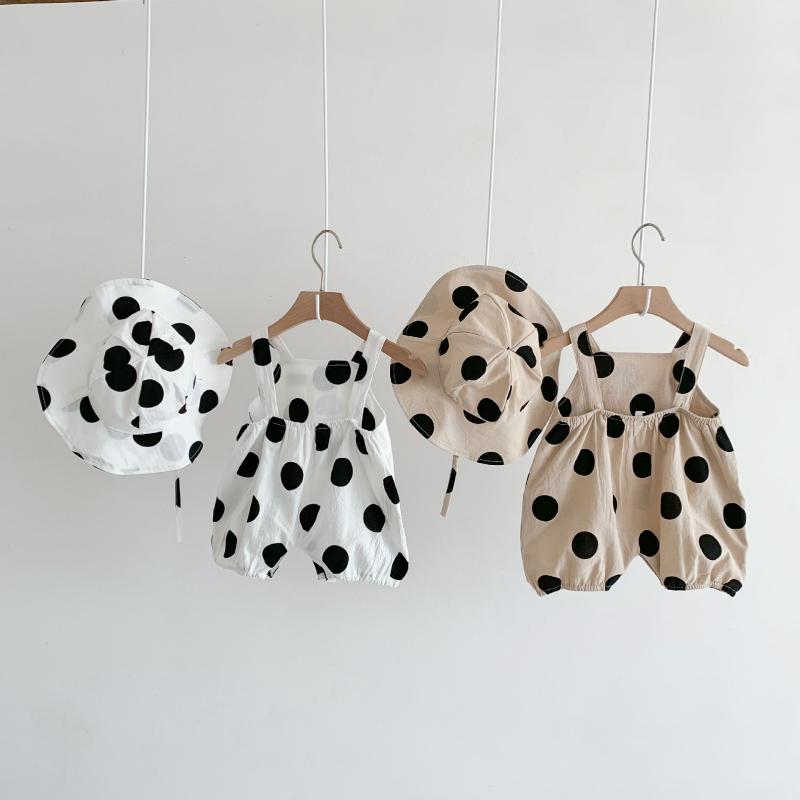 ロンパース ベビー 男女兼用 韓国 ドット柄 かわいい サロペット 綿 春夏秋 ノースリーブ 前開き 紐結び A類 肌に優しい 高品質 ホワイト アイボリー 新生児服