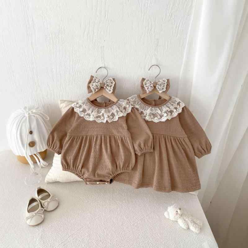 ロンパース 女の子 ベビー服 乳幼児 長袖 ワッフル生地 レース襟 プリンセスドレス風 韓国風 春秋 綿 コットン 薄手