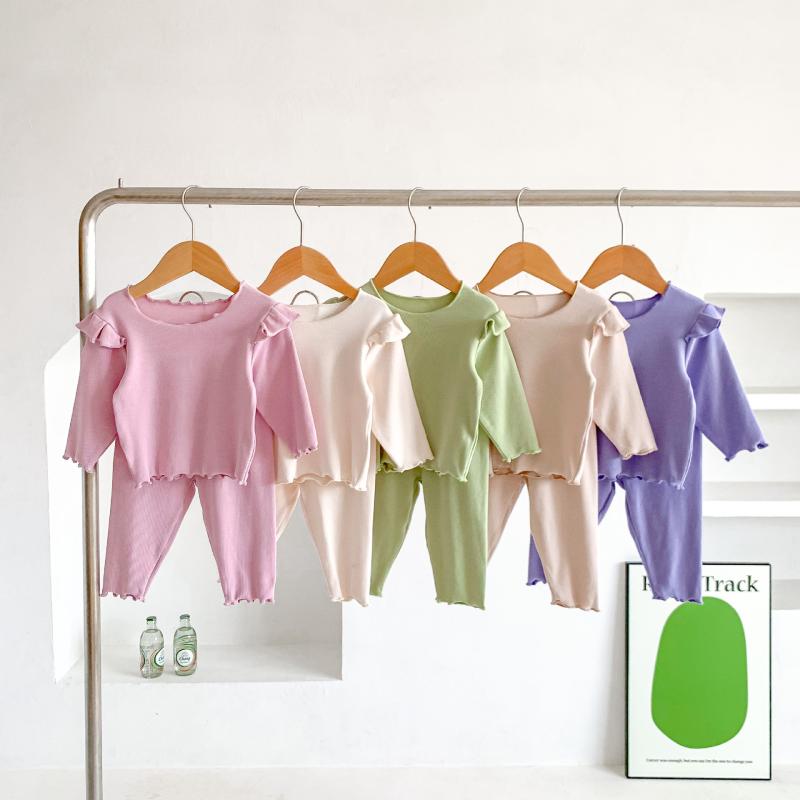 ルームウェア パジャマ ベビー 女の子 韓国風 かわいい フリル袖 メロウフリル コットン ストレッチ 吸湿速乾 薄手 上下セット 春秋 ピンク アプリコット カーキ パープル グリーン