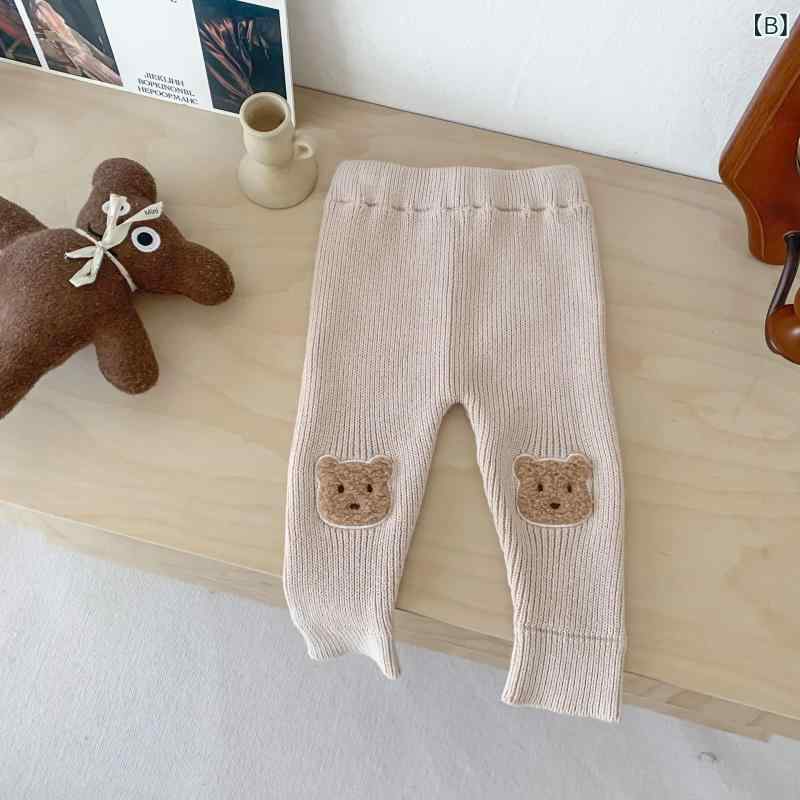 キッズパンツ ベビー 子供服 男女兼用 ニット レギンス 春秋 ロングパンツ 普段着 カジュアル クマ柄 ゆったりシルエット コットン100% 柔らかい ブラウン カーキ