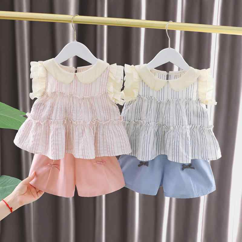 キッズ ベビー 女の子 春夏 ストライプ ショートパンツ 半袖 ツーピース セットアップ かわいい おしゃれ 韓国ファッション 綿 コットン プリンセス ブルー ピンク 普段使い お出かけ