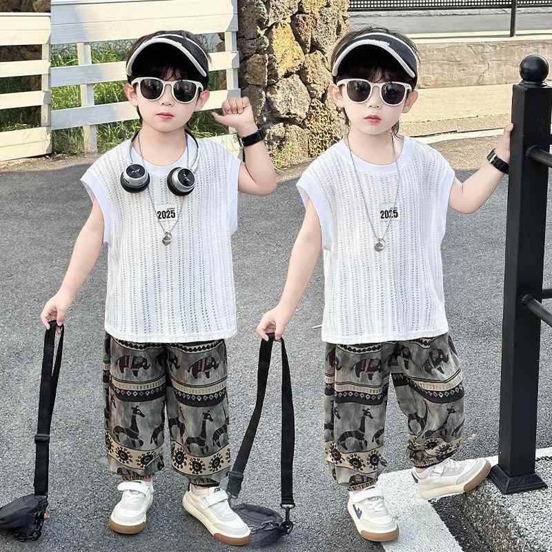 キッズ 男の子 夏服 薄手 ノースリーブ ベスト 九分丈パンツ セットアップ 綿 コットン 接触冷感 普段..