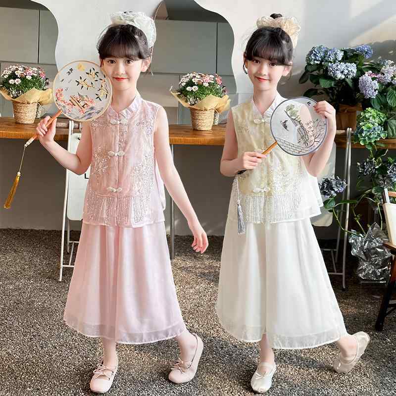 キッズ 女の子 チャイナドレス風 トップス ワイドパンツ 2点セット 小中学生 古風 新中華風 花柄 刺繍 シフォン ノースリーブ 薄手 かわいい プリンセス 夏服 お出かけ 発表会 フォーマル