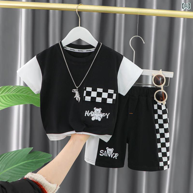 ベビーウェア 男の子 韓国風 カジュアル 半袖Tシャツ ショートパンツ 2点セット 夏用 綿 コットン チェック柄 モノトーン かっこいい おしゃれ かわいい 普段使い 幼児服 子供服
