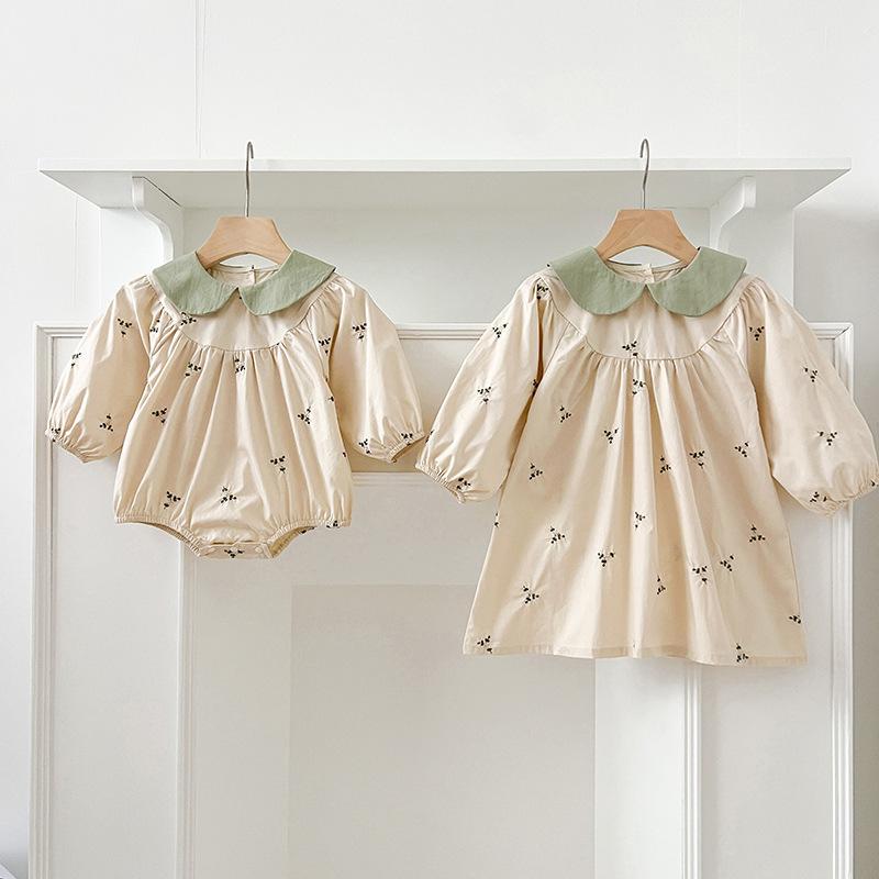 ベビー服 女の子 ロンパース ワンピース 長袖 刺繍 綿100% コットン 春秋 プリンセス Aライン 姉妹 お揃い 普段使い お出かけ かわいい グリーン襟