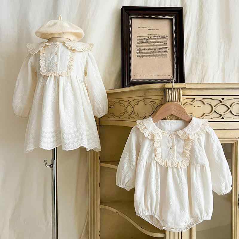 ワンピース 女の子 女児 ベビー 長袖 レース フリル プリンセスドレス ロンパース カバーオール 綿 コ..