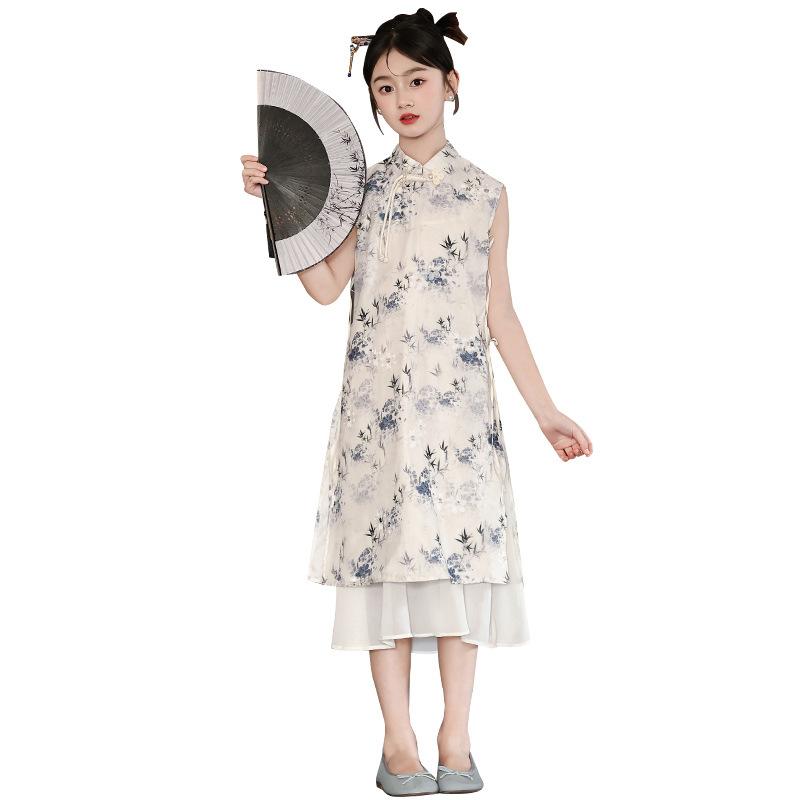 チャイナドレス 女の子 キッズ ネオチャイニーズ 中国風 唐装 ワンピース 春夏 薄手 レトロ 花柄 プリ..