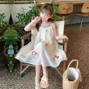 ワンピース 女の子 キッズ 春夏 おしゃれ 刺しゅう キャミソールデザイン リゾート ビーチ Aライン プリンセススタイル 綿混 ポリエステル