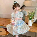 ワンピース 女の子 キッズ 子供服 春夏 韓国 ファッション プリンセスライン 小花柄 パフスリーブ ゆったり 薄手 ポリエステル 普段使い お出かけ リゾート
