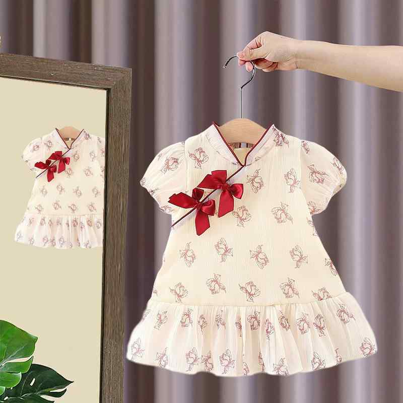 キッズ 女の子 ベビー チャイナドレス風 漢服風 ツーピース 花柄 斜めショルダー 綿 レトロ かわいい 春夏