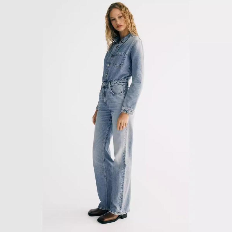 オールインワン レディース デニム コットン ロング丈 長袖 ストレートパンツ ウォッシュ加工 トレンド 欧米風 ストリートファッション