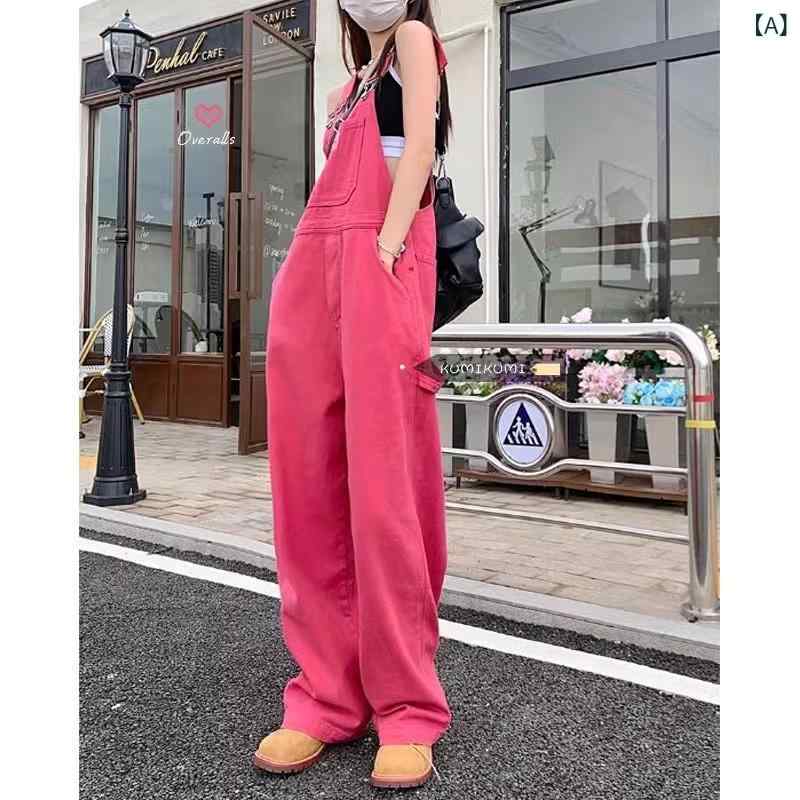 花りぼんのデニム サロペット レディース ローズピンク ストレート ルーズフィット カジュアル 着回し 若見え 細見え オールインワン 秋冬｜アングル2